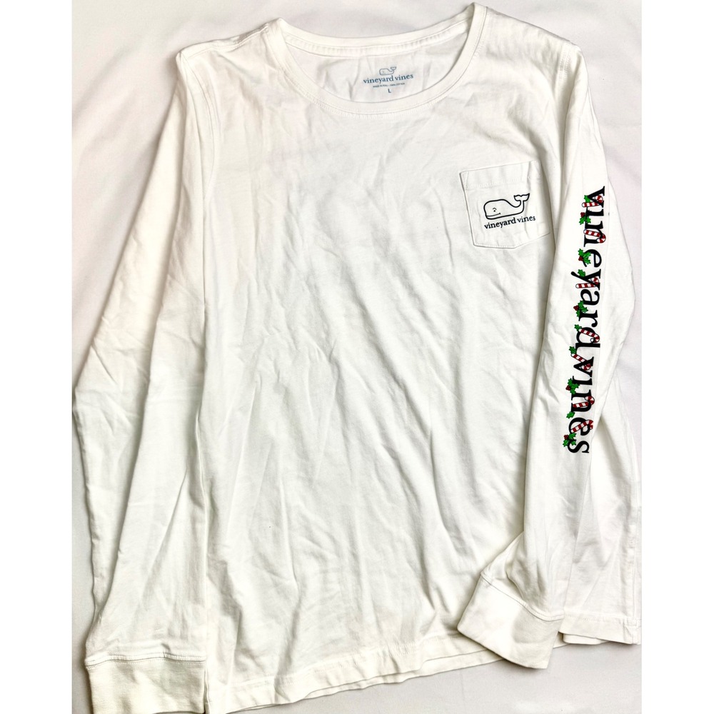 Vineyard Vines Mens Large White Christmas Candy Cane Whale Long Sleeve Tee